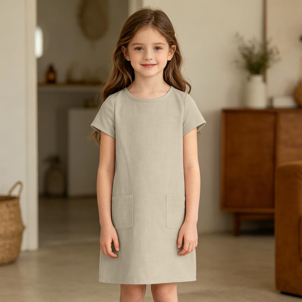 Girls Casual Dress Summer Linen Cotton Blend Short Sleeve Pockets Straight Cut Comfortable Lightweight Dress for Everyday Wear