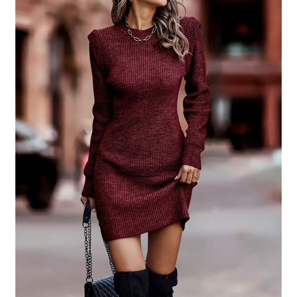 Round Neck, Long Sleeved, Hip Hugging Skirt, Knitted Skirt, Base Skirt, Sweater, Women's, Warm, Dress