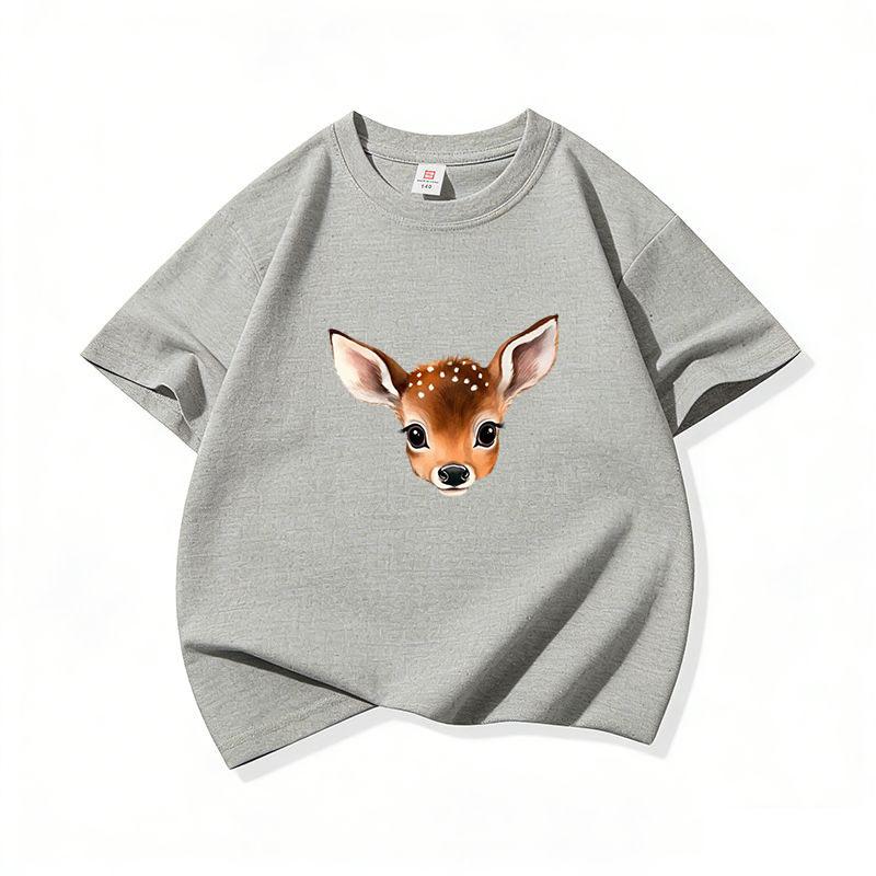 Kids Cotton T Shirt Cute Peeking Deer Print Crew Neck Short Sleeve Tee Casual Breathable Boys Girls Summer Tops