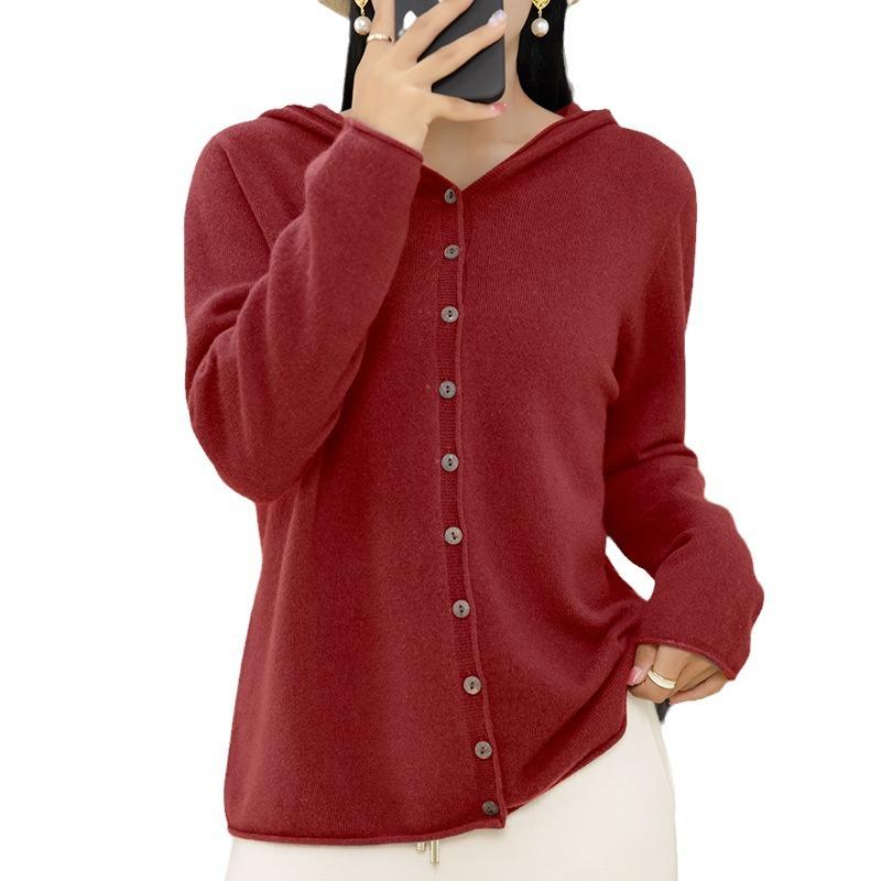Frühling Herbst Einreiher Strick Cardigan Damen Mit Kapuze Einfarbig Pullover Mantel Locker Schlank Lässig Vielseitig Langarm Strickware
