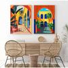 Vintage Vasen und Pflanzen Marokkanischer Innenhof Mediterranes Dorf Poster Leinwandbild Druck Wandkunst Bild Zimmer Heimdekoration