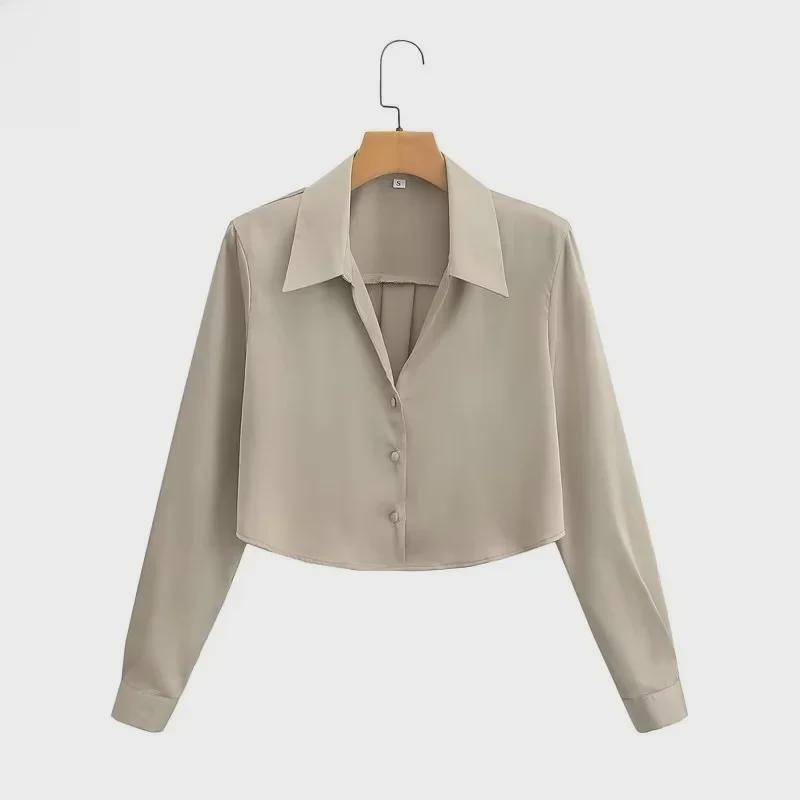2025 Women's Summer Satin Silk Long-Sleeve Short Shirt - European & American Style