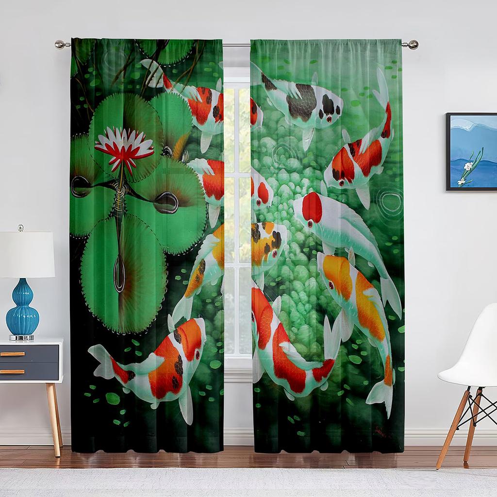 Goldfish Koi Fish Ink Painting Leaves Tulle Curtains for Living Room Bedroom Decor Chiffon Sheer Voile Kitchen Window Curtain