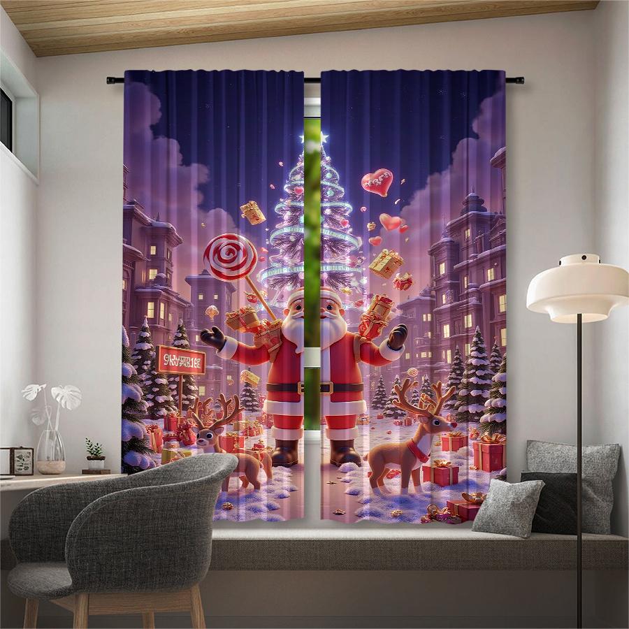 Christmas Santa Claus Tree Pattern Printed Curtains Decorations Home Room Set Of 2 Made Polyester Elegant