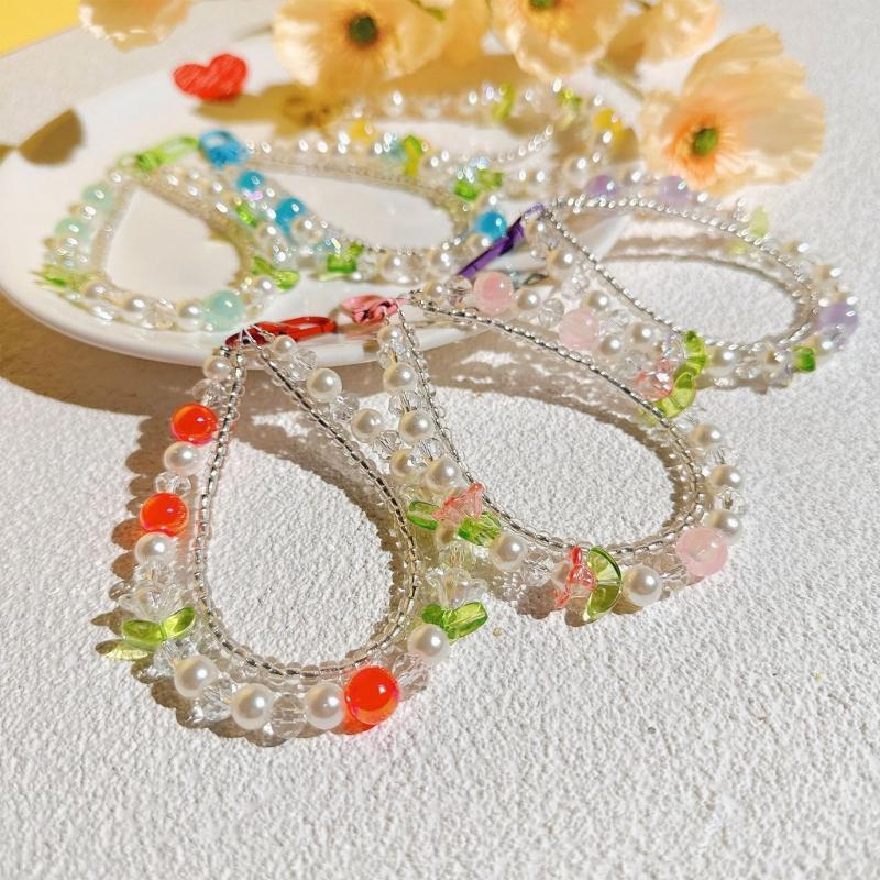 Double Layer Flower Beaded Pendant Phone Charm Hanging Rope Cute Phone Chain Strap Bag Decoration Keychain Accessories