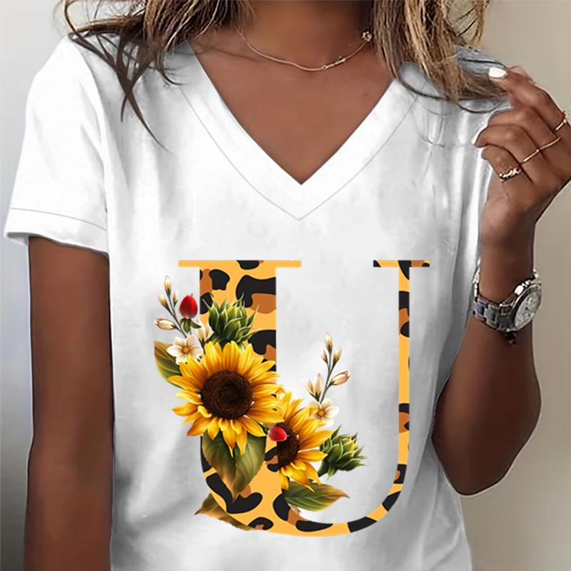 Unisexs Vneck Tshirt Sunflower Leopard Print Letter R Graphic Tee Watercolor Flower Leopard Print Tshirts Az 26 Alphabet Top