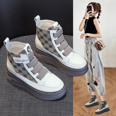 Women's 2025 Autumn High-Top White Sneakers with Thick Soles and Velcro Closure