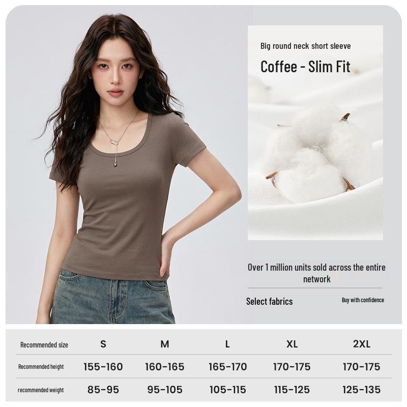Women's Slim Fit U-Neck Short Sleeve T-Shirt - Flattering Pure Color, New Fashion Trend.