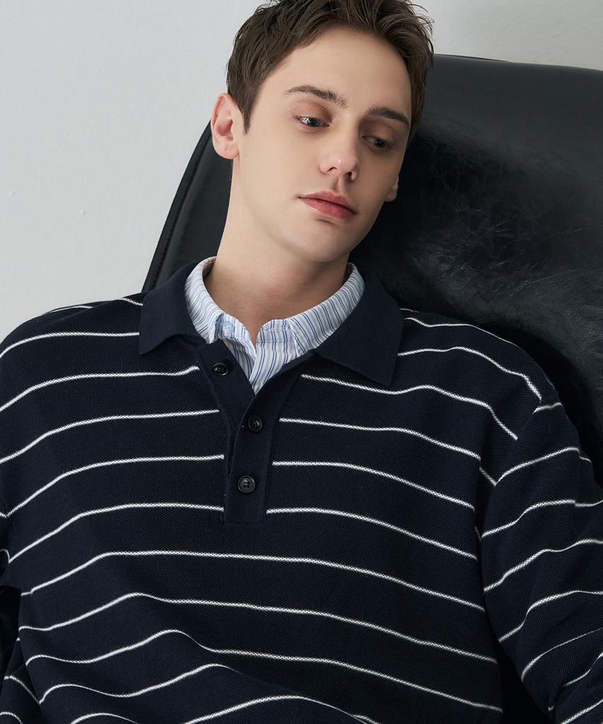 DRAW FIT Wool Supple Stripe Collar Knit [Navy]