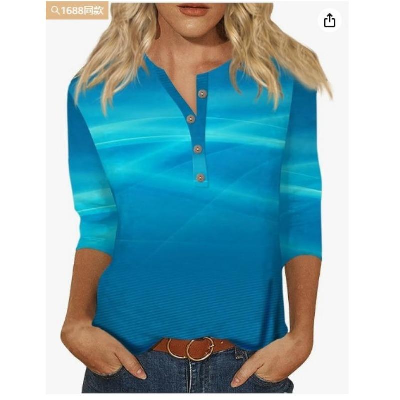 Button V-neck 3D Printed Top Fashionable Casual Long Sleeved Women's T-shirts