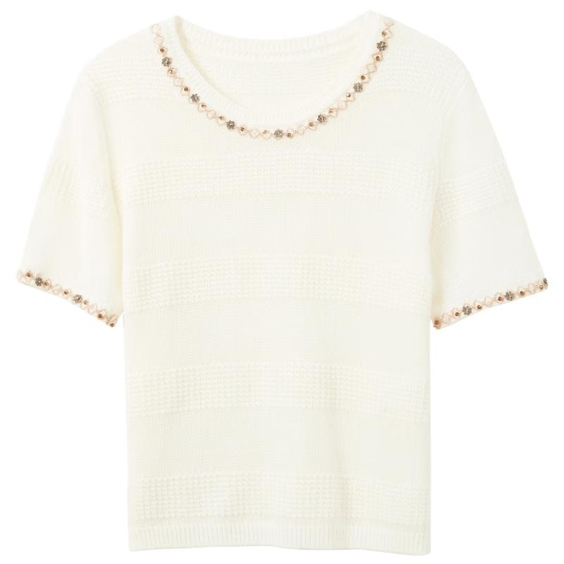 Lace Trim Round Neck Short Sleeve Knit Top M