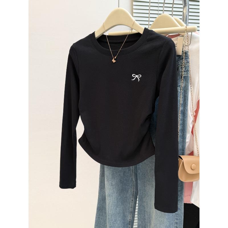 

Real shot milk yellow round neck front shoulder long-sleeved T-shirt women s season slim-fit embroidered bottoming shirt top XL чёрный