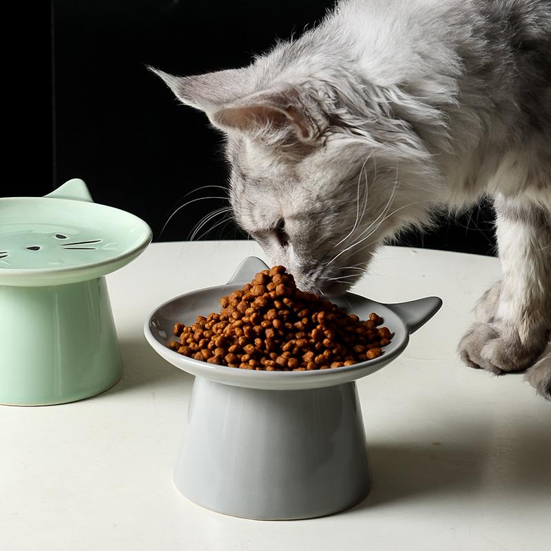 Ceramic Cat Shape High Footed Bowls for Pet Cervical Vertebra Protection Drinking Food Plate Large Caliber Cat Bowl Supplies 1Pc