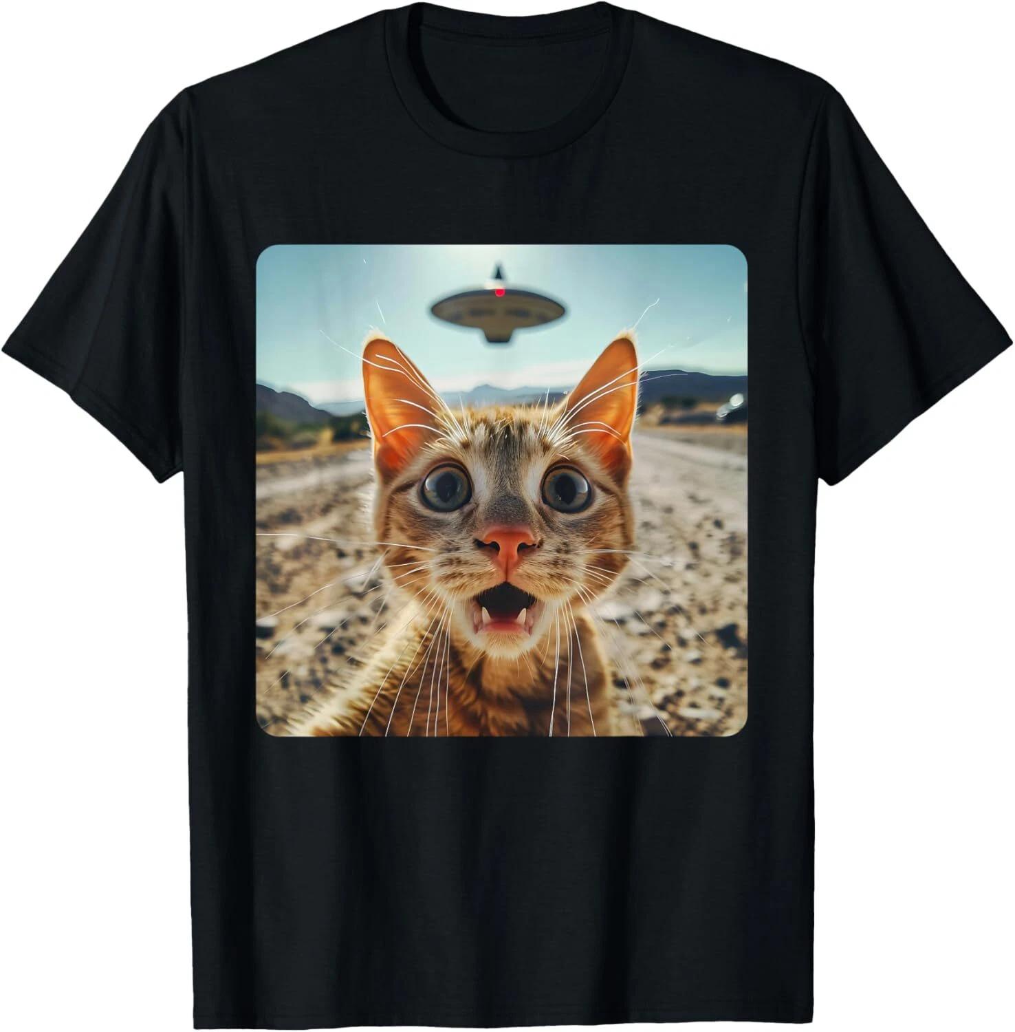 Extraterrestrial Encounter_ Cat Selfie with Alien UFO Gift Unisex T-Shirt S
