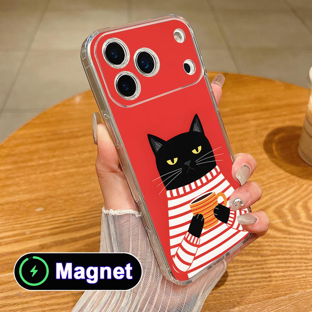 Cute Coffee Cat Clear TPU Magsafe Mobile Phone Case for iPhone 17 16 15 14 13 12 11 Air Pro Max Plus Mini Colorful Cover