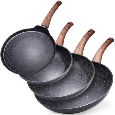 Granit-Pfannen-Set 20 / 24 / 28 cm + Pfannkuchenpfanne 24 cm Schwarz&Holz 4 Stk.