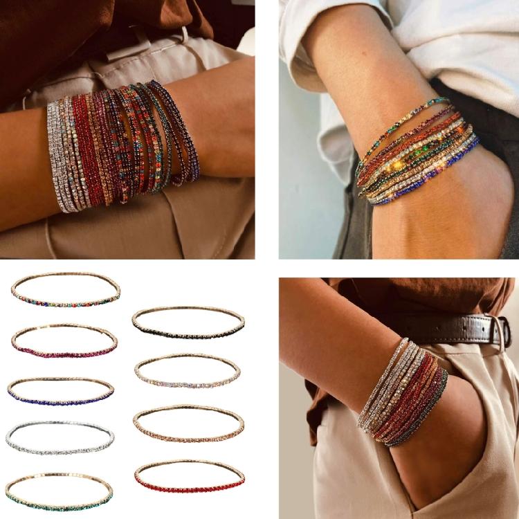 9Pcs Stackable Elastic Crystal Bead Bracelet Rhinestones Handchain Fashionable Stretch Wristchains Jewelry for Women