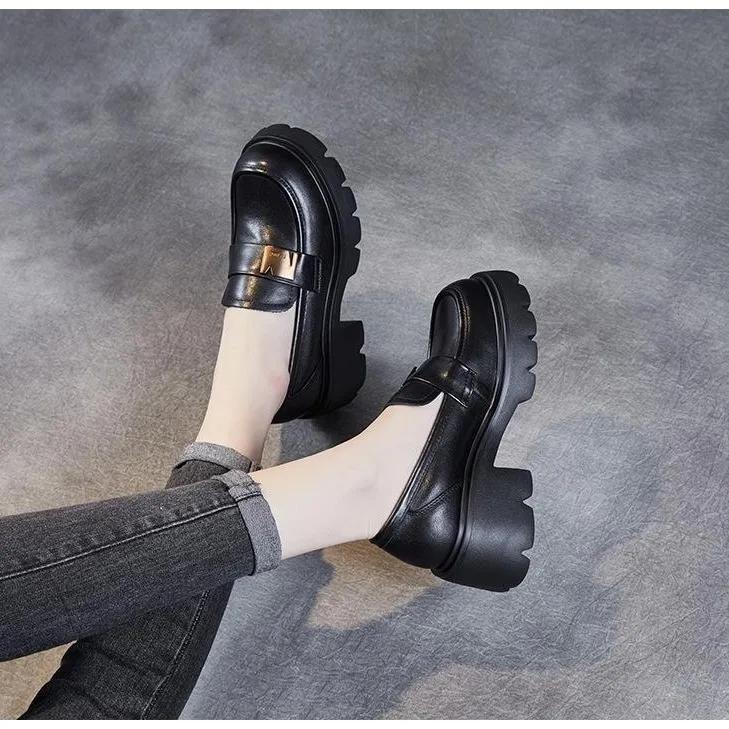 

Женские весенне-осенние лоферы на толстом каблуке и толстой подошве, в британском стиле, ретро, из мягкой кожи 35 чёрный