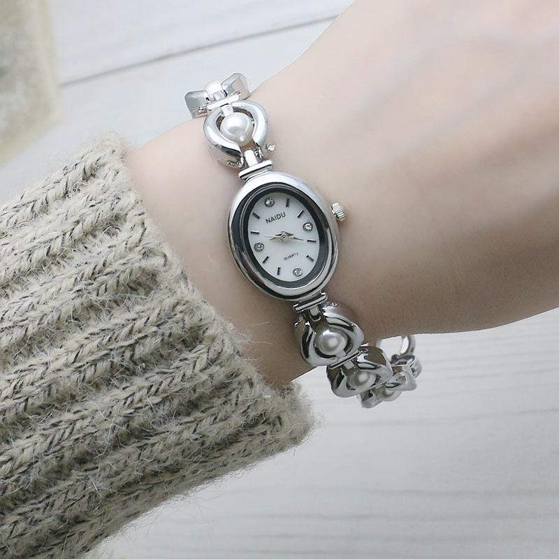 Ceas Elegant de Modă pentru Femei Brățară cu Curea Incrustată cu Perle Vintage Ceas Cadou de Lux Ceasuri cu Cuarț pentru Doamne Ceasuri de Mână cu Cadran Oval