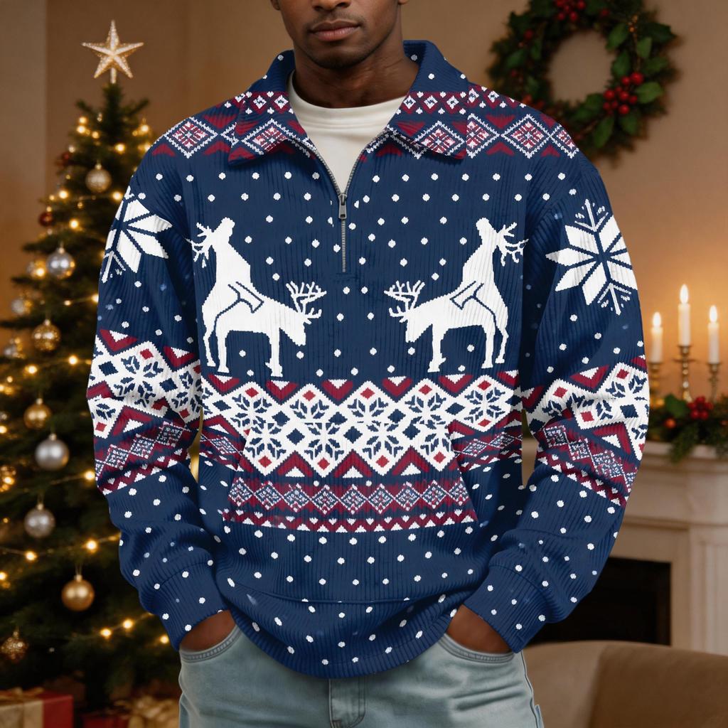 Men's Retro Corduroy Christmas Print Long Sleeve 1/4 Zip Collared Shirt with Pocket Casual Top