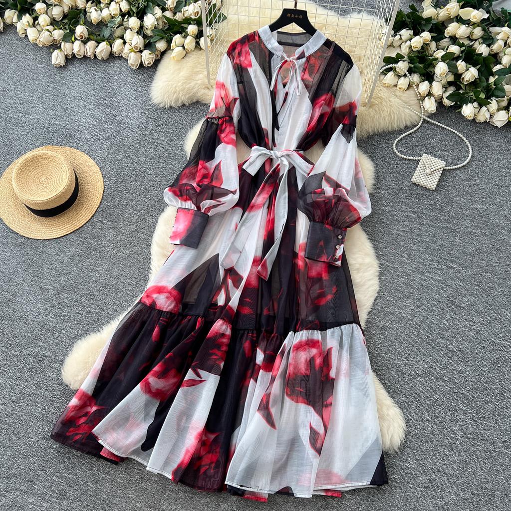 Sexy Long Sleeve Mesh Sweet Print Dress Chic Vintage Evening Party Club  Women Chic Summer Beach Long Dresses