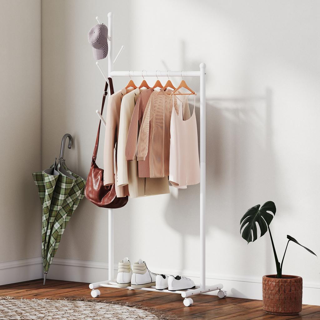 Coat Rack on Wheels with Shoe Shelf and 5 Hooks, 68x43x171cm, White