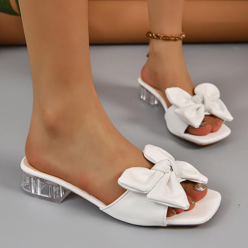 Sweet White Big Bowknot Decoration Medium Heel Slippers Women Square Toe Clear Heels Slides Outdoor Slippers 2025 Summer