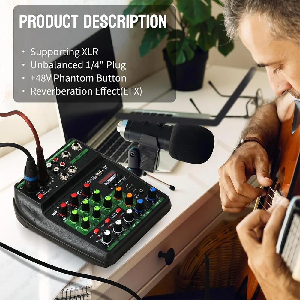 Professional 4 Channel Mixer DJ Mixing Console with Bluetooth 48V Phantom Power Monitor Karaoke System USB Mixer Audio