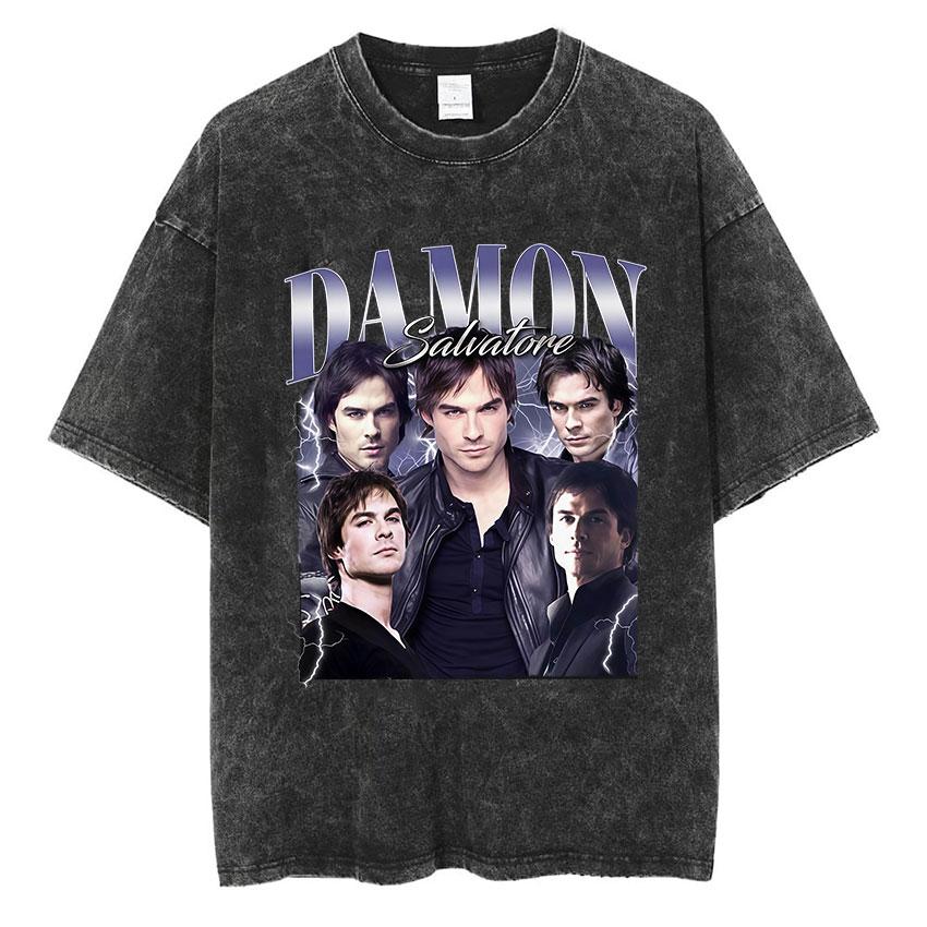 Damon Salvatore Grafica Vintage Lavata Maglietta Uomo Donna Abbigliamento Moda Harajuku T-Shirt Larga Oversize Manica Corta Magliette