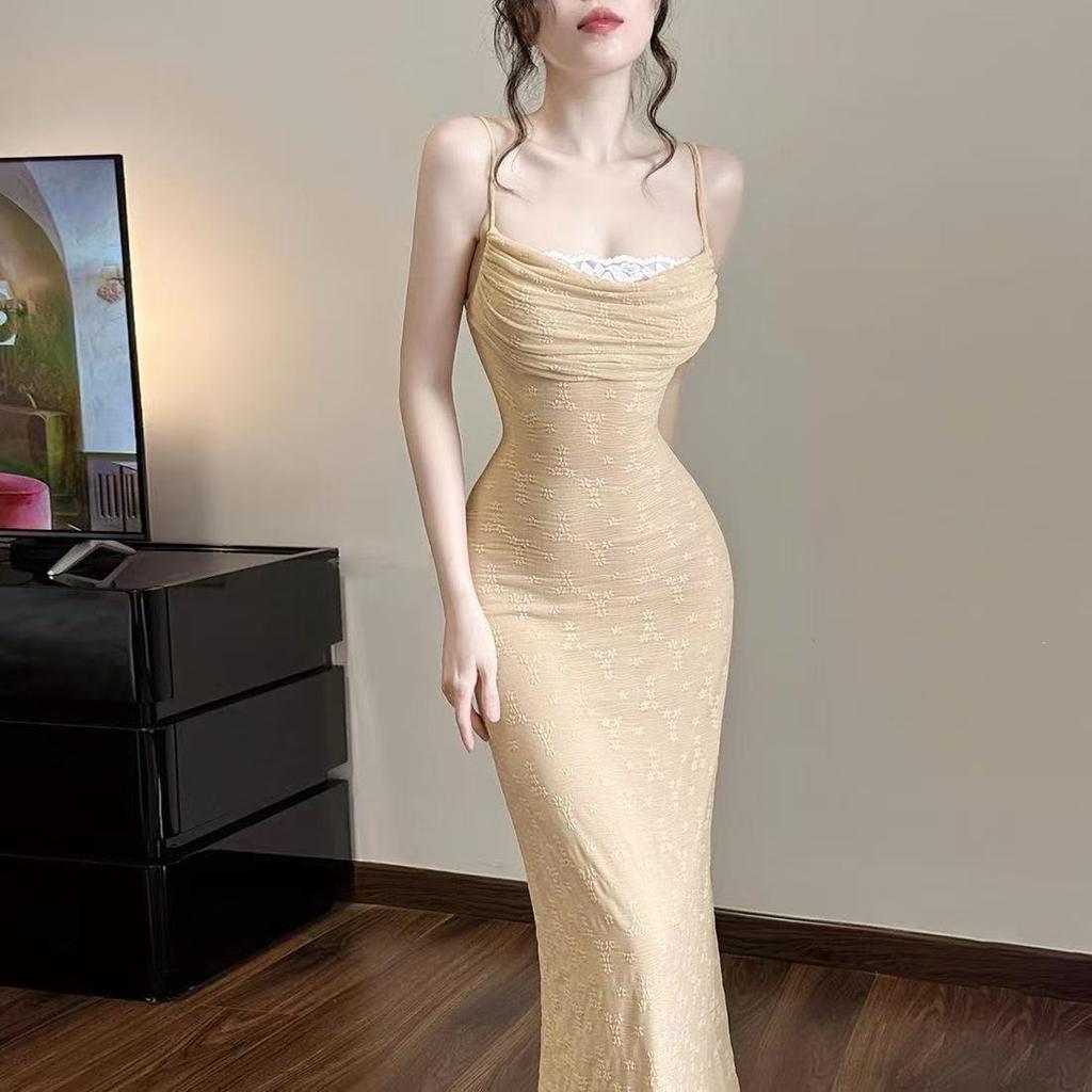 Sexy wind lace color matching splicing suspender slim dress high-end women's summer off-the-shoulder waist hip-wrapped dress