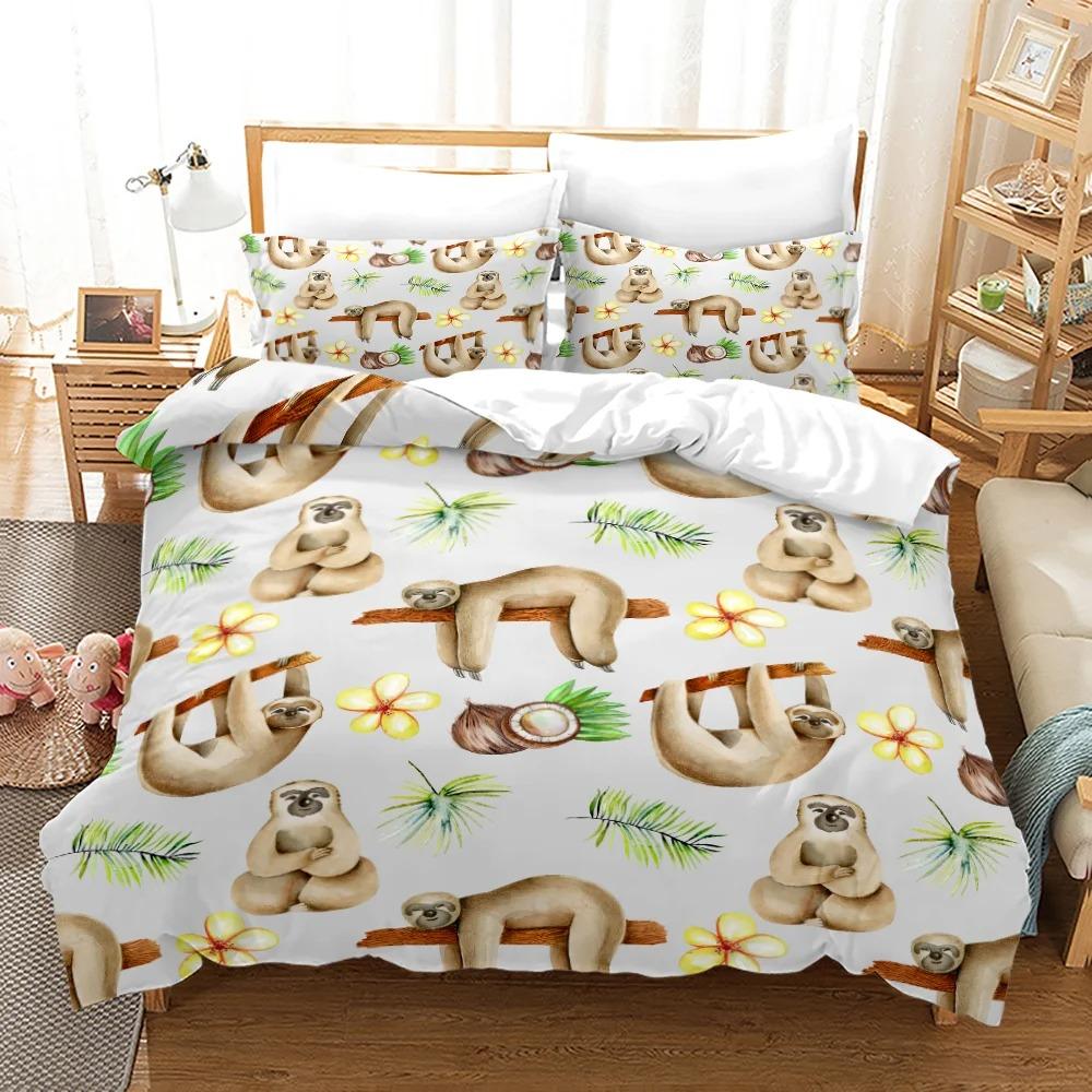 Faultier Bettbezug-Set Baumbewohnendes Säugetier Schläft auf Ast im Wald Faule Stimmung Entspannendes Thema Dekorative Polyester-Bettwäscheset