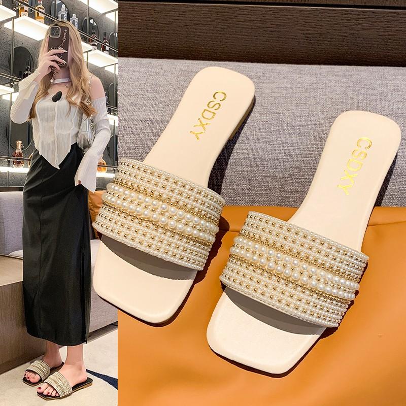 

Fashion Women Luxury Pearl Slippers Summer Square Toe Flats Slides Sandals Woman Comfortable Non Slip Beach Flip Flops Big Size 43 42 бежевый