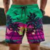 New Summer Hawaiian Men's Quick-Dry Swim Trunks, Sunset Palm Tree 3D Printed Beach Shorts, Elastic Waist Summer Surf Swimwear, C