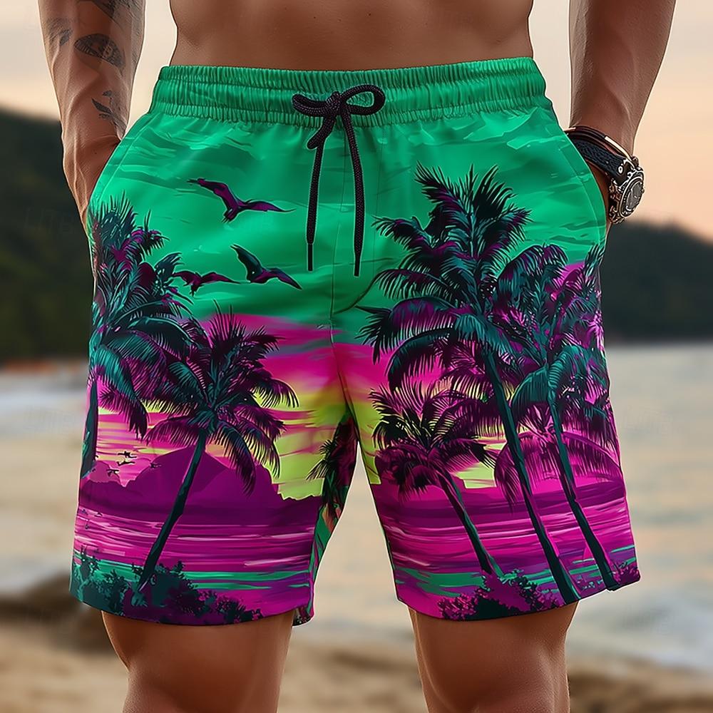 New Summer Hawaiian Men's Quick-Dry Swim Trunks, Sunset Palm Tree 3D Printed Beach Shorts, Elastic Waist Summer Surf Swimwear, C