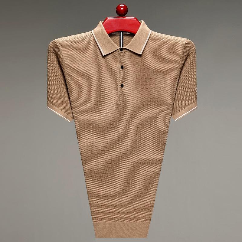 Middle-Aged and Old Father Clothes Business Casual Fashion Men's T-shirt Polo Collar Solid Color Elegant Breathable Mesh Short Sleeve