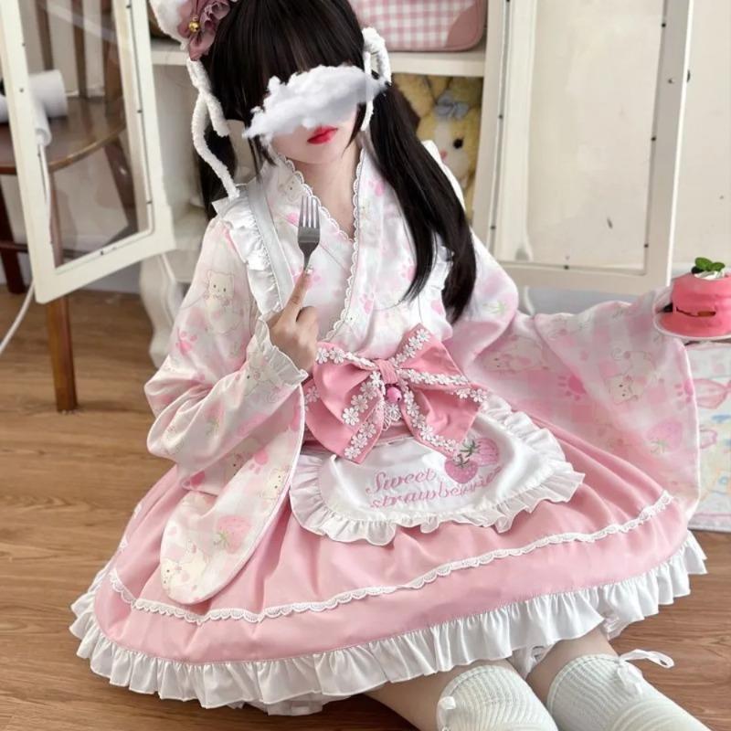 Traditional Japanese Lolita Coord Cherry Blossom Maid Dress Set Kawaii Vintage Cosplay Modern Hanfu
