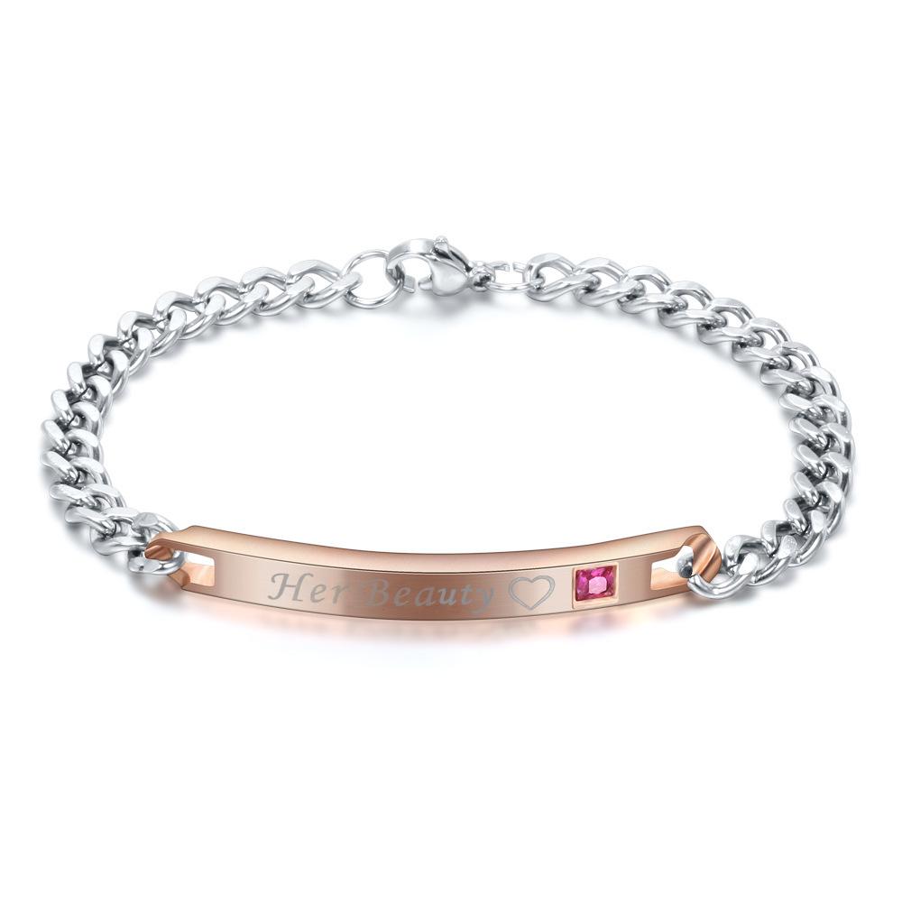 His Queen, Her King Stainless Steel Couple Bracelet with Diamond Inlay