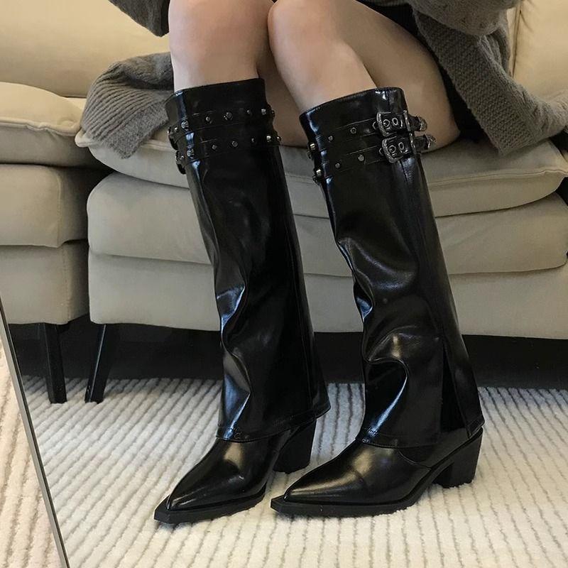 

Тай Крутой Острый!! Женские высокие сапоги 2025 Новые черные остроносые высокие сапоги до колена Сапоги-штаны Локомотивные сапоги Толстый каблук 40