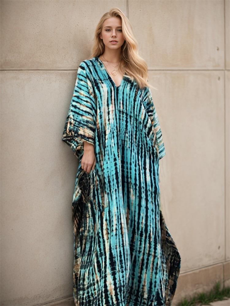 EDOLYNSA 2024 Plus Size Striped Tie-dye V-neck Short Sleeve Kaftan Sexy Swimsuit Coverup For Women Summer Beach Dress House Dresses Q1218
