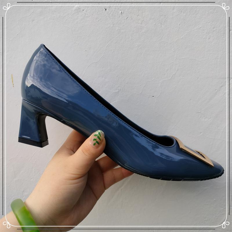 Lady Ww Classic Rv Square Buckle Small Square Head Shallow Mouth High Heels Women's Autumn and Winter New Thick Heel Flat Bottom Commuter Shoes