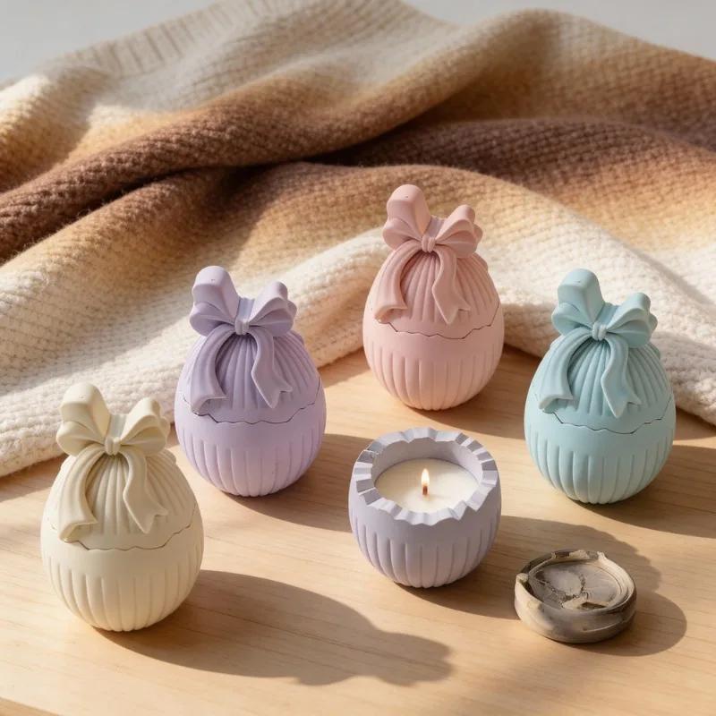 2026 Latest Models Easter Egg Candle Jar Concrete Silicone Mold Candle Holder Mold Bowknot Egg Plaster Storage Candlestick