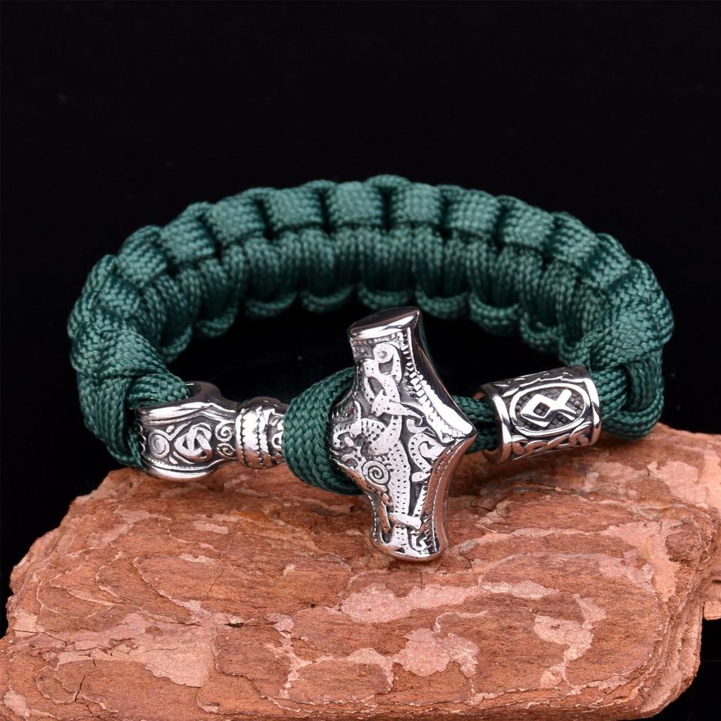 Men 'S Stainless Steel Viking Thor 'S Hammer Umbrella Rope Braided Bracelet Outdoor Sports Survival Bracelet 