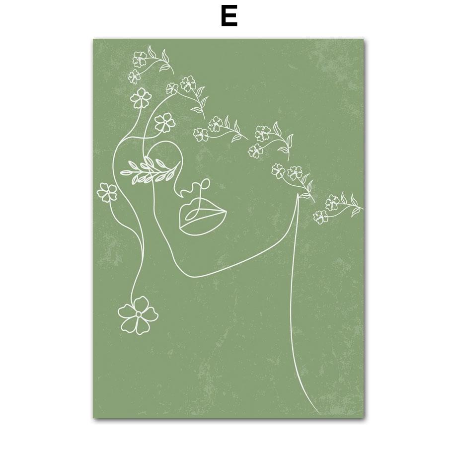 Geometric Green Woman Portrait Lines Plants Leaf Posters Prints Canvas Painting Wall Art Pictures For Living Room Home Decor