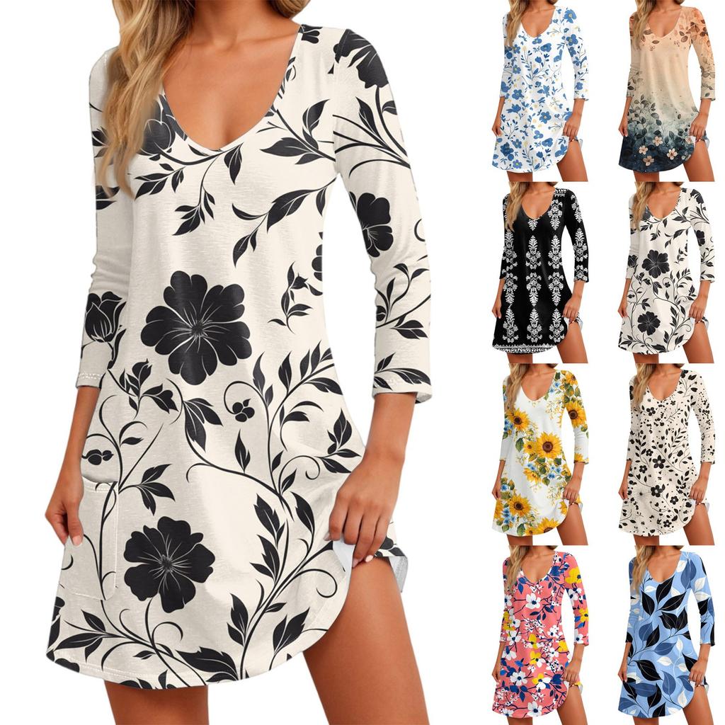 Women's Fashionable Casual V-Neck Floral Print Pocket Seven Quarter Sleeve Dress