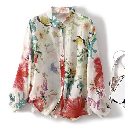 Women's Boho Floral Bird Print Turn Down Collar Long Sleeve Shirt