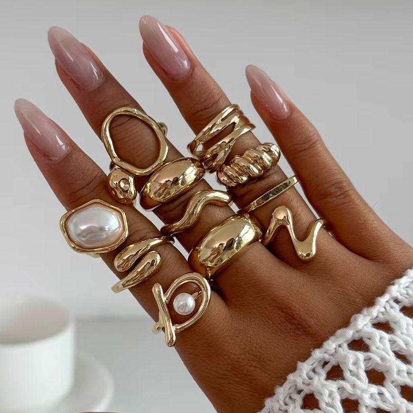 Ingemark 11Pcs/Set Vintage Imitation Pearl Rings for Women 2026 New Trendy Irregular Metal Knuckle Rings Set Couple Jewelry Gift