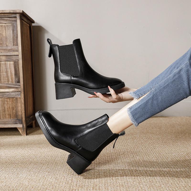 New square head British style short boots leather CM thick heel Chelsea boots children's black soft-soled Martin boots