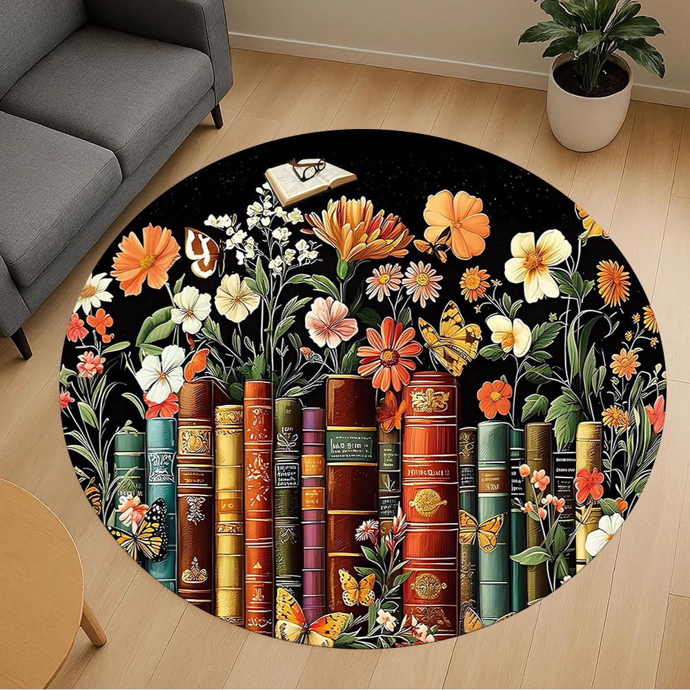 1pc Butterfly Library Pattern Office Round Rugs, Under Chair Round Rugs for Living Room, Bedroom, Bathroom Decoration Carpet 091853