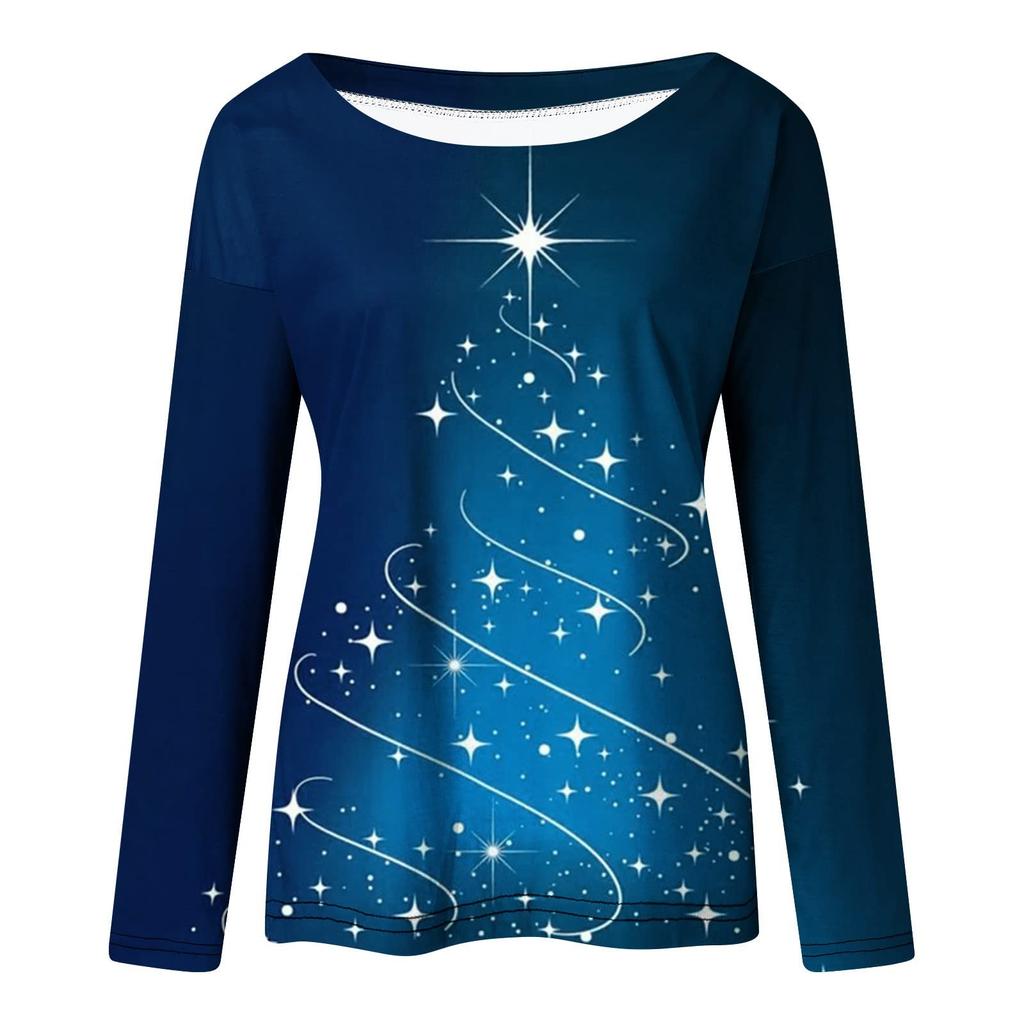 Women's Casual Fashion Christmas Print Long Sleeve O-Neck Pullover Top