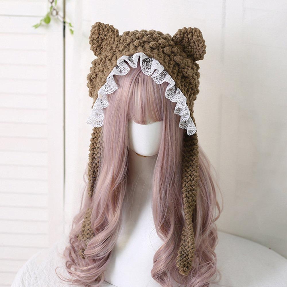 Fashion Cartoon Knitted Cat Ear Hat Ear Protection Casual Crochet Wool Hat Cute With Bow Photo Props Cap Outdoor
